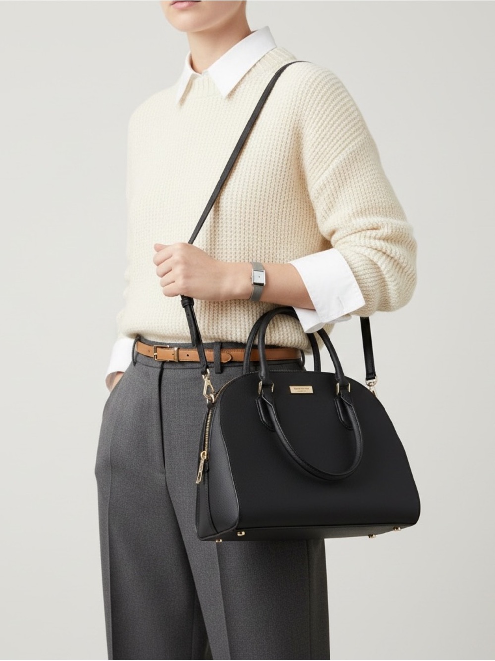 Kate Spade Black Dome Satchel with Gold Plaque